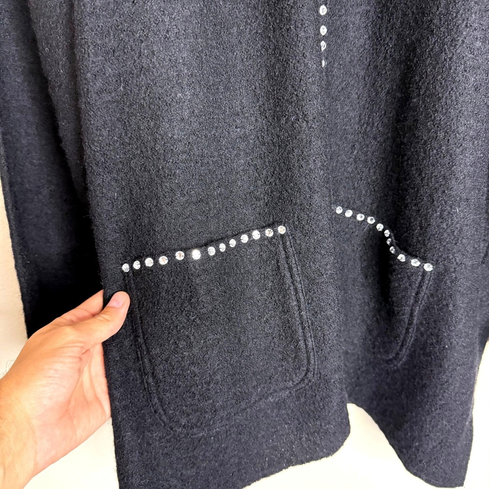 Quacker Factory Jacket Women 1X Black Boiled Wool Rhinestone Heart Zip Cardigan - Picture 2 of 5
